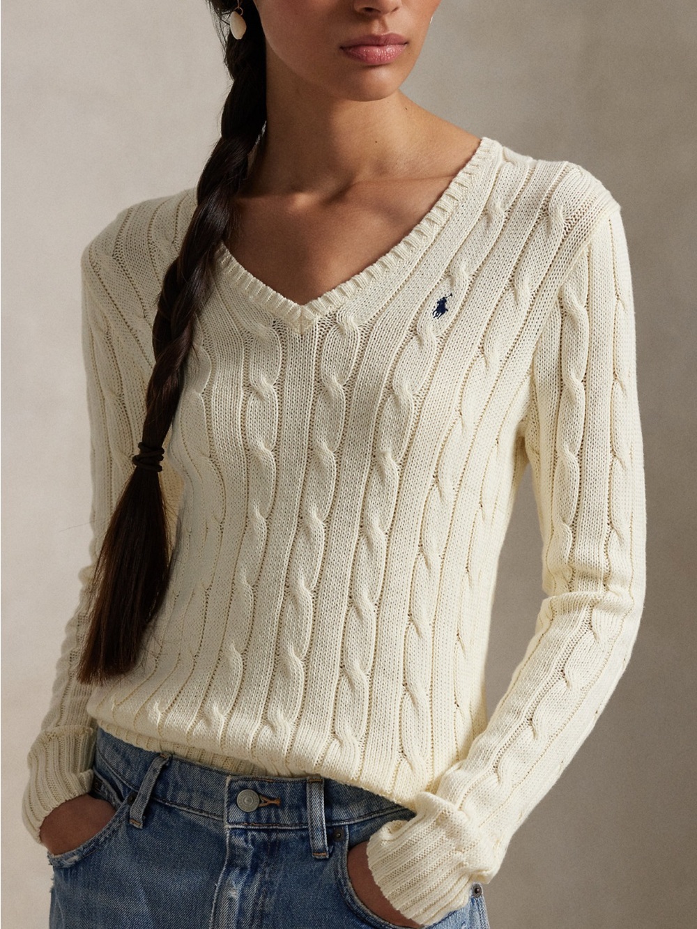 NWT Ralph Lauren Butter Yellow cotton v neck cable knit sweater size M $148 - Picture 4 of 5